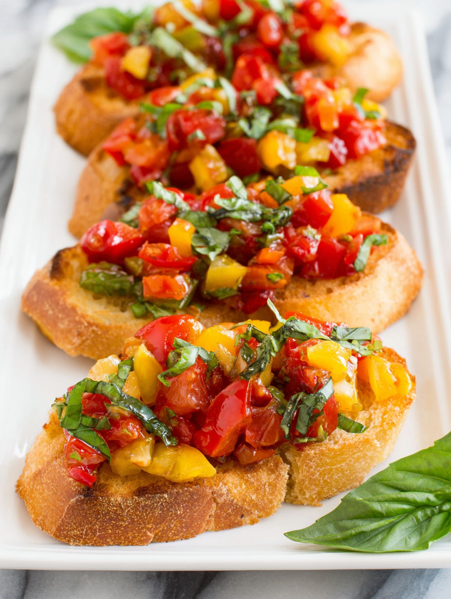 A plate of toasted bread with tomatoes and basil.