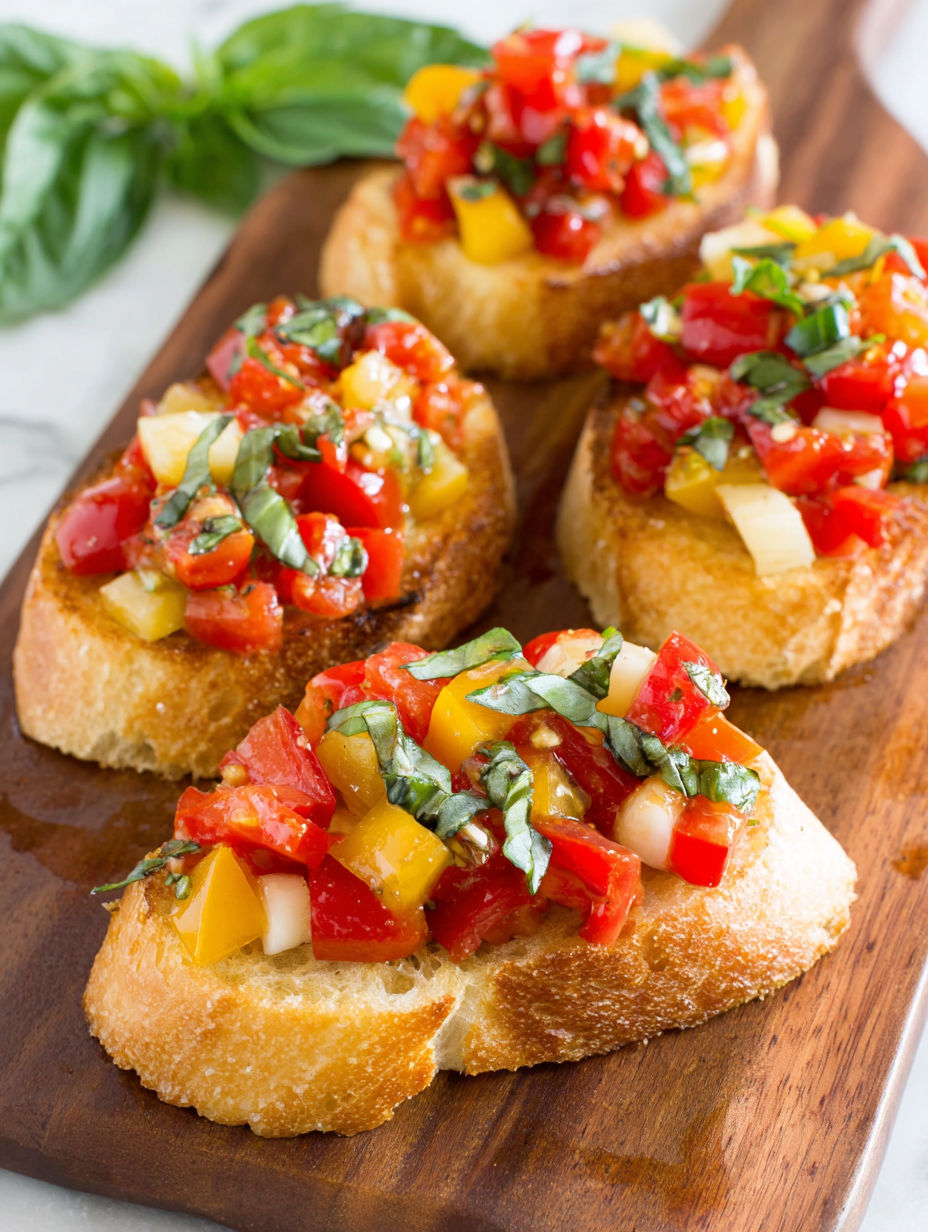 A plate of four toasted bread slices with tomato sauce and basil.