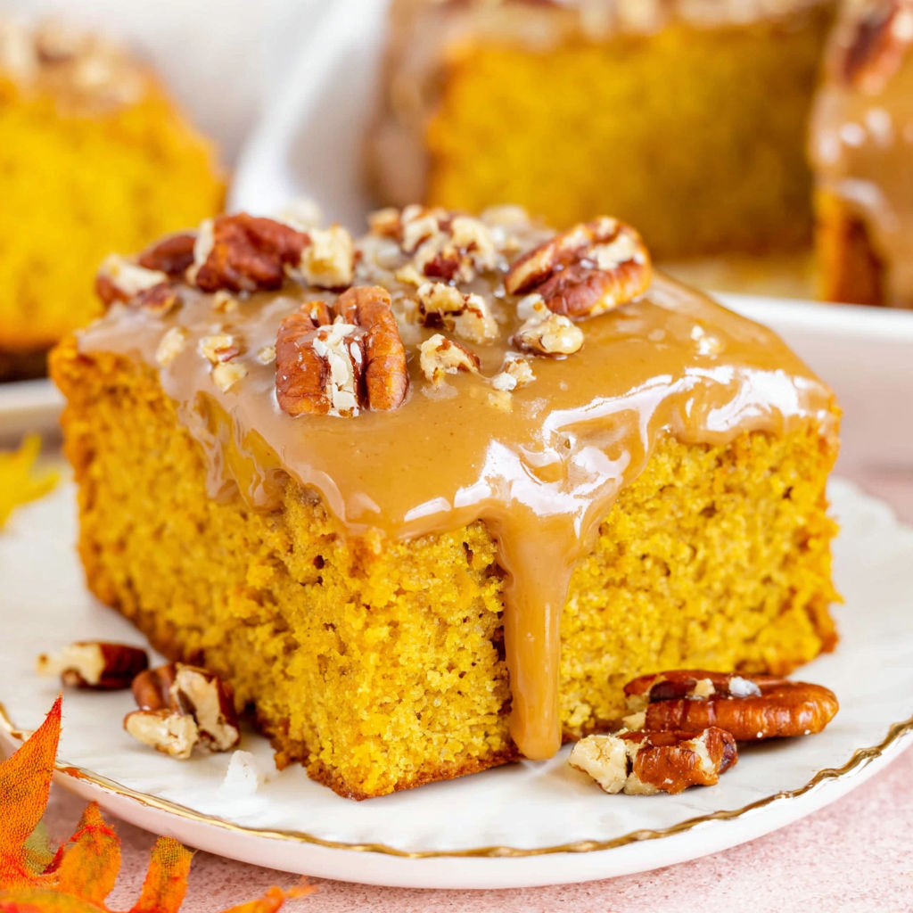 A slice of pumpkin snack cake with praline topping.