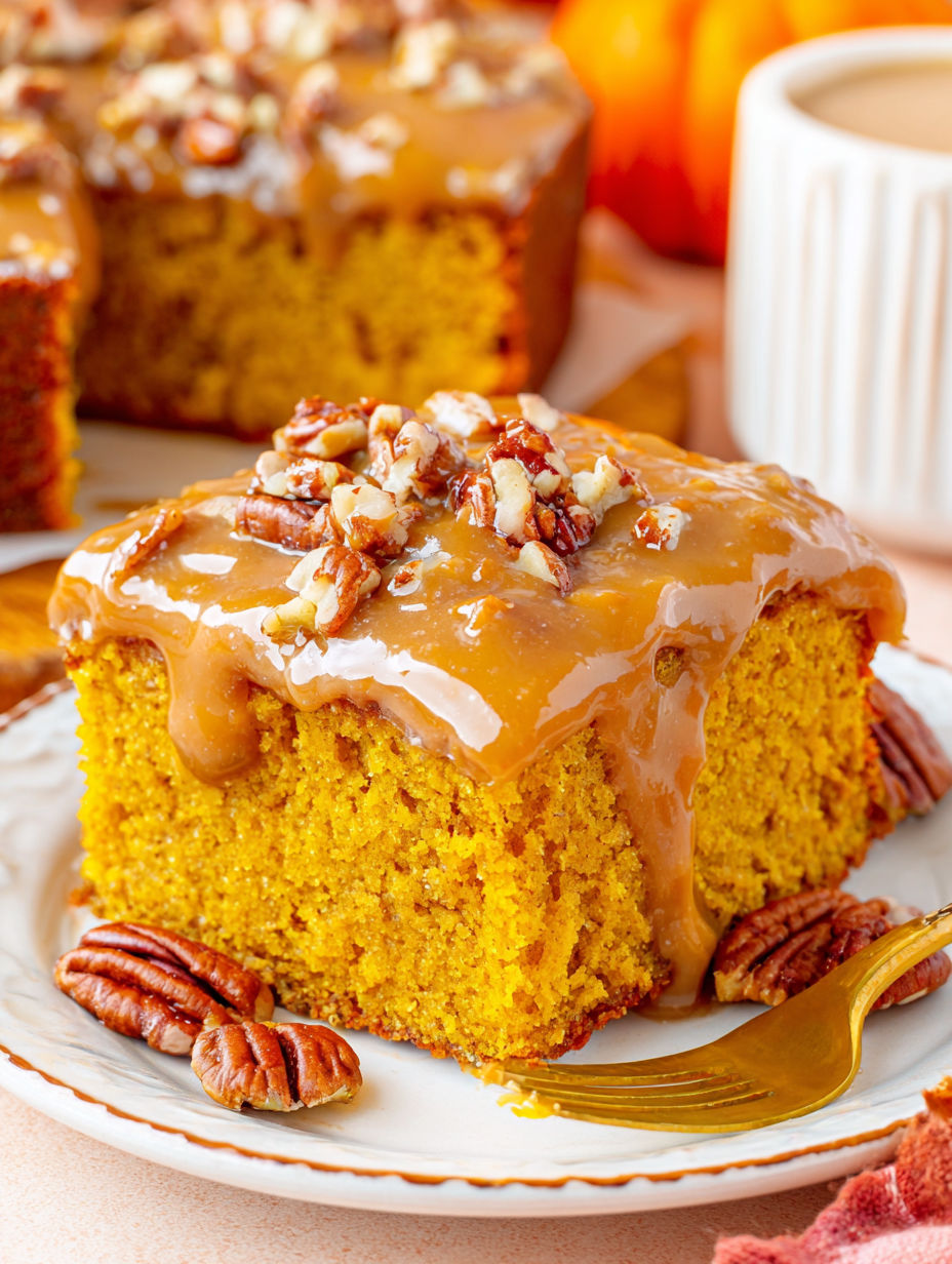 A slice of pumpkin snack cake with praline topping.