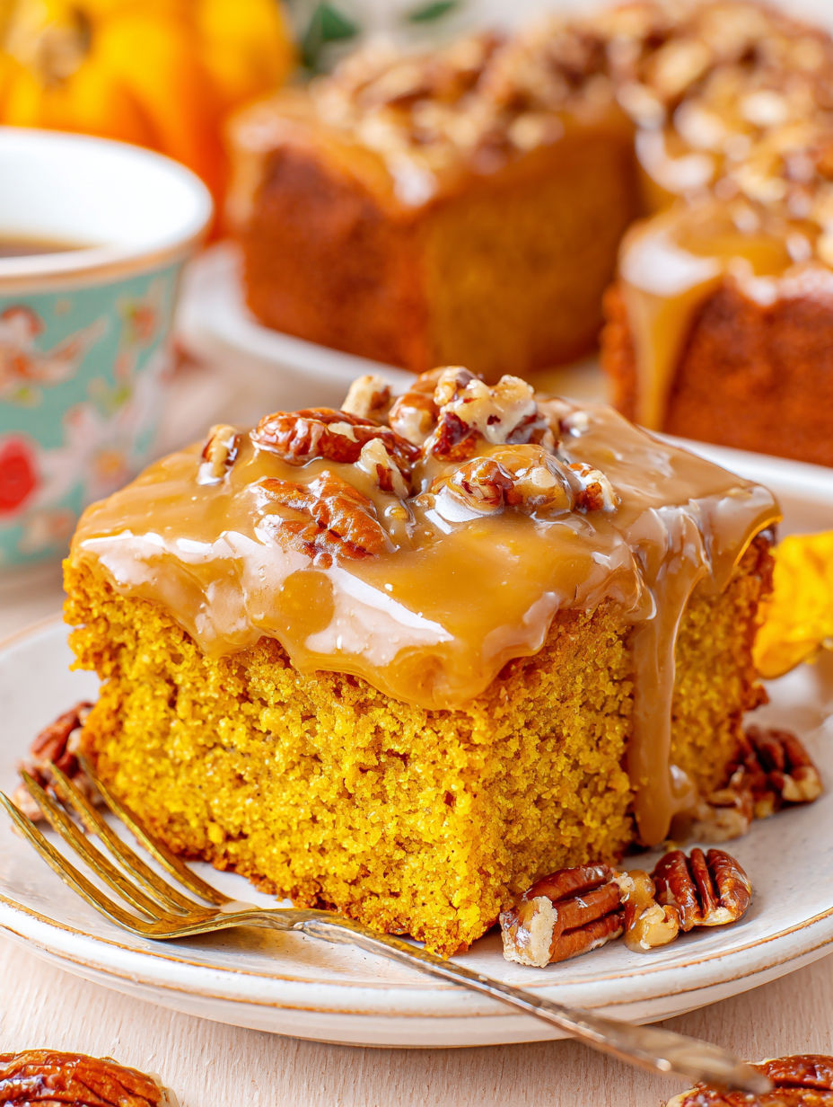 A slice of pumpkin snack cake with praline topping.