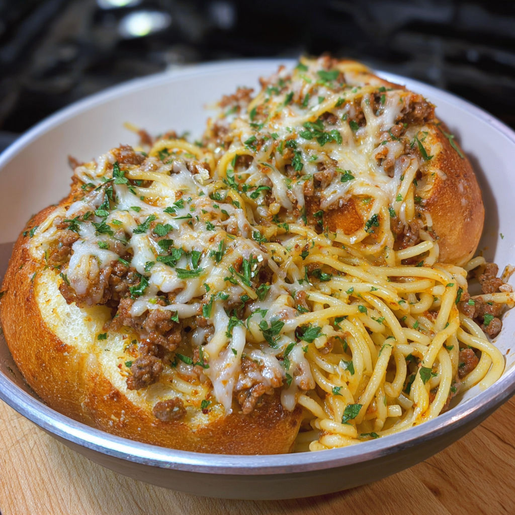 A bowl of spaghetti with garlic bread.