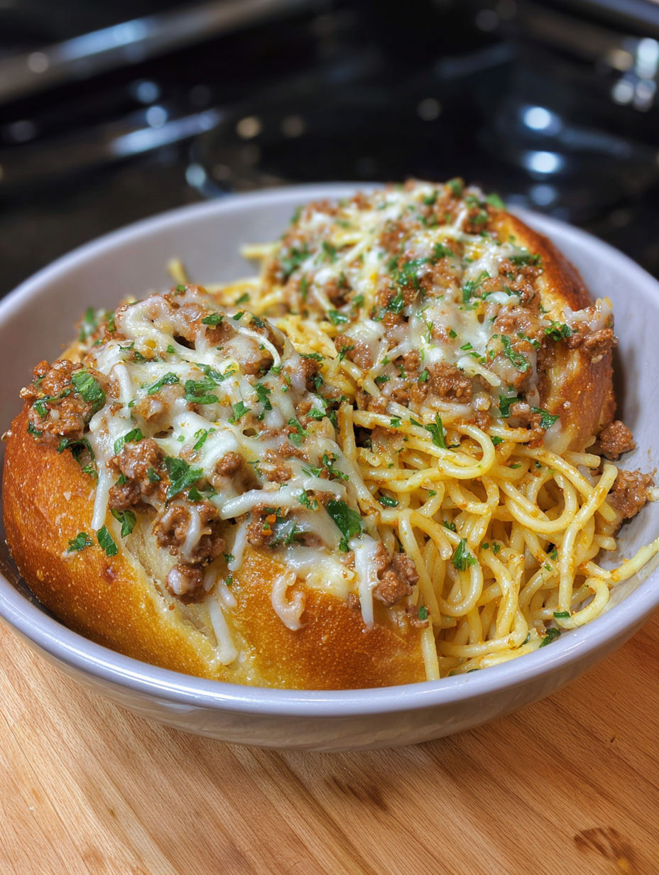 A bowl of spaghetti with garlic bread.