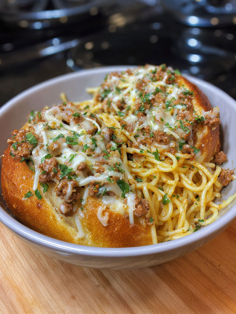 A bowl of spaghetti with garlic bread.
