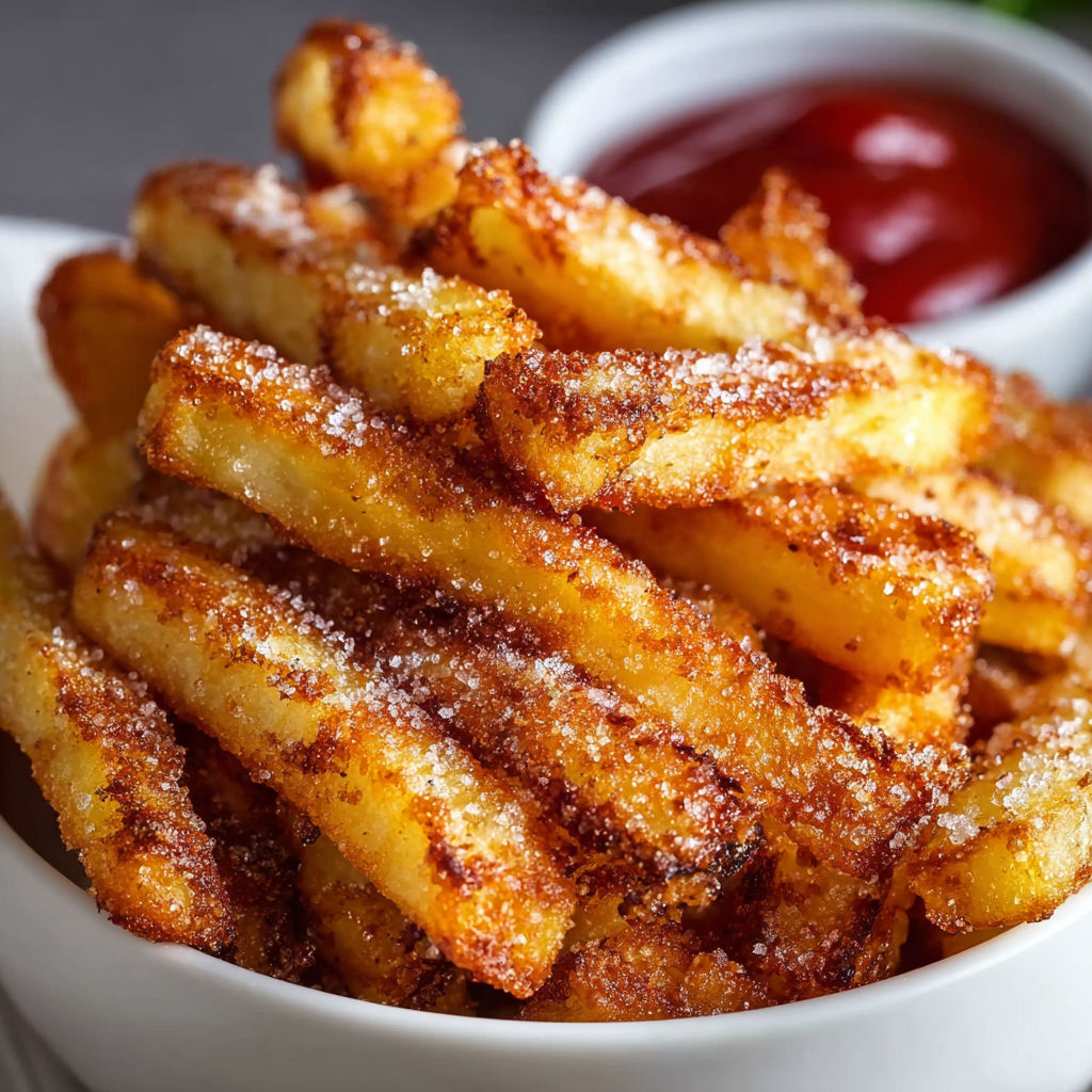 A bowl of crispy air fryer apple fries.