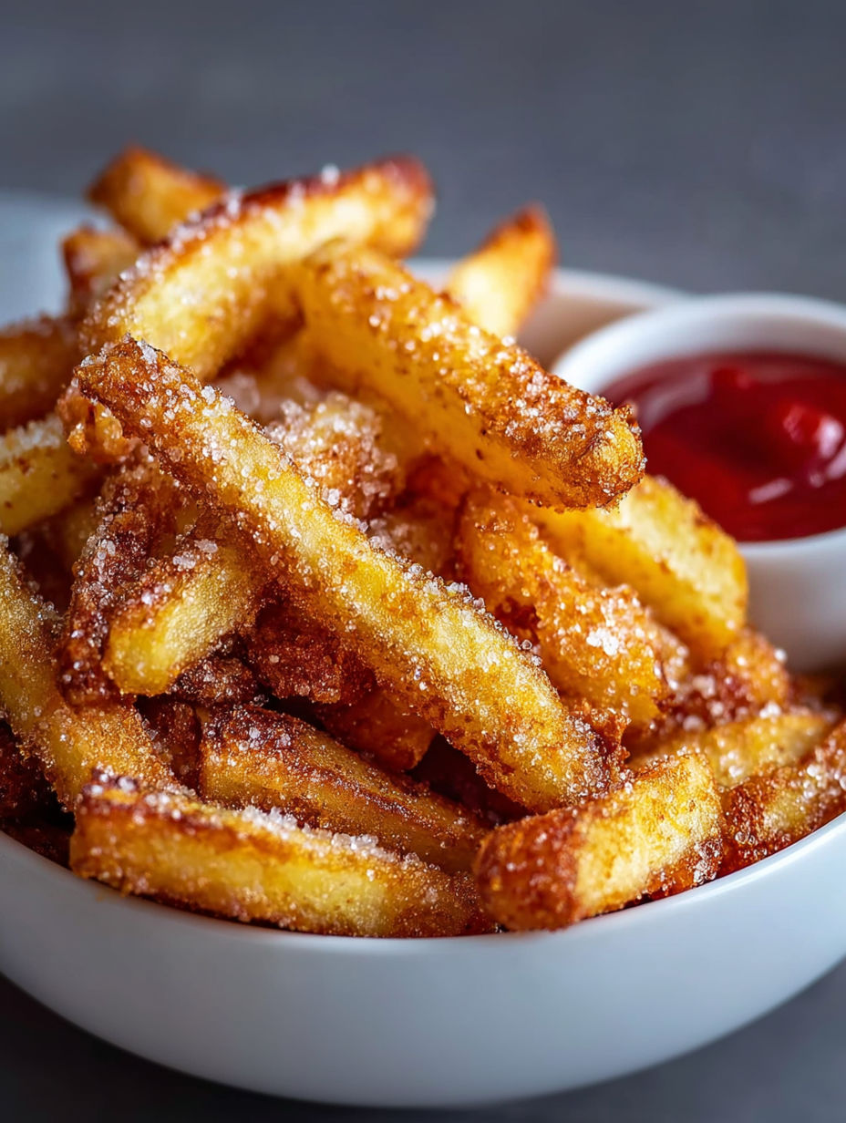 A bowl of crispy air fryer apple fries.