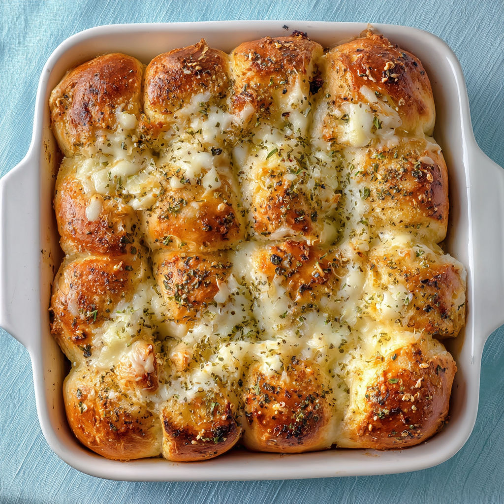 A white bowl filled with cheesy Hawaiian garlic rolls.
