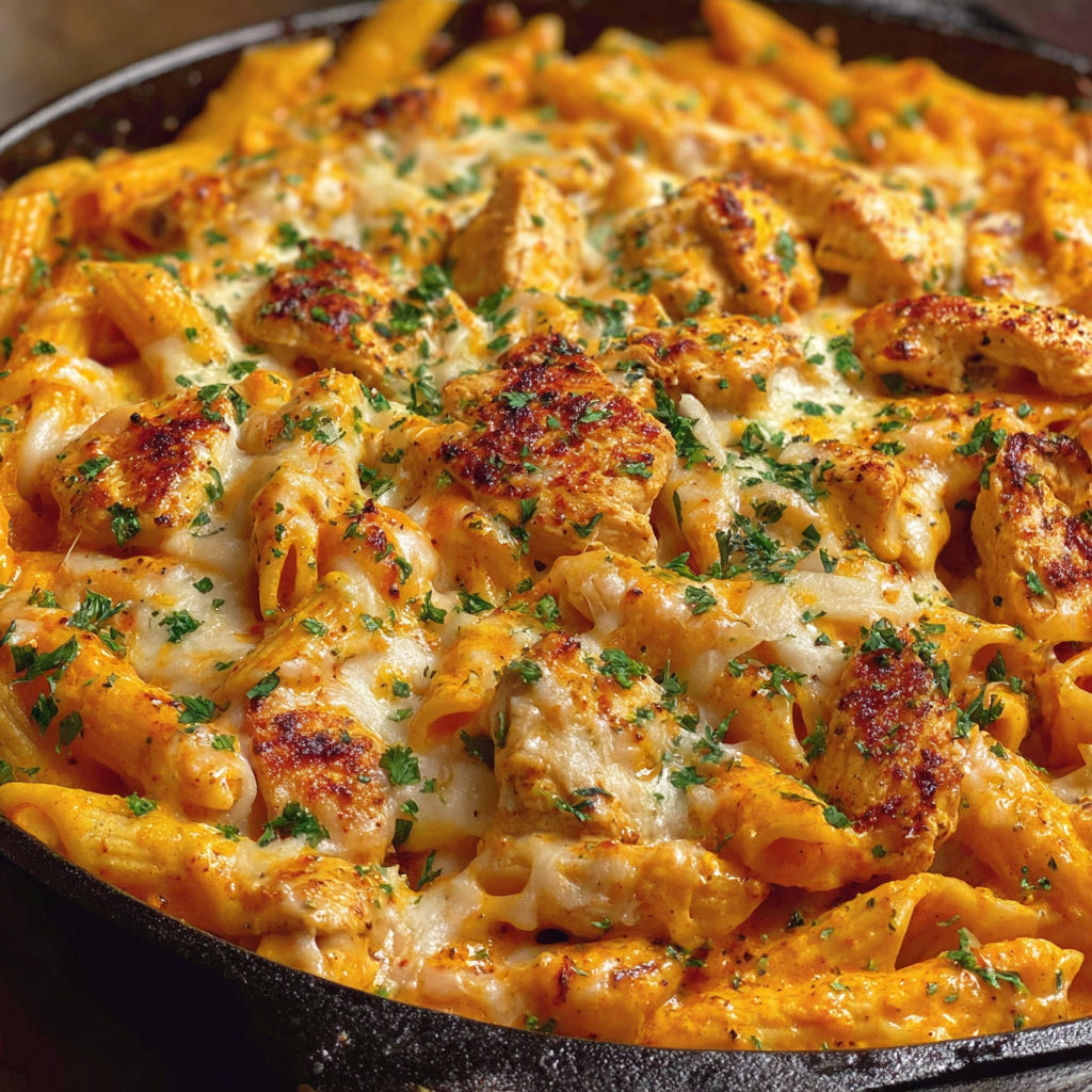 A skillet filled with a cheesy, creamy dish.