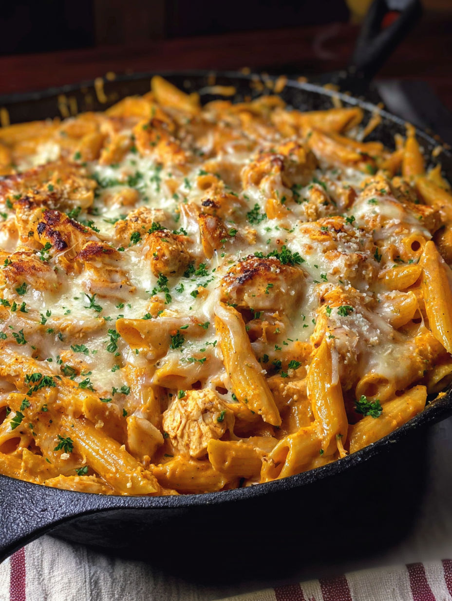 A skillet of pasta with chicken and cheese.