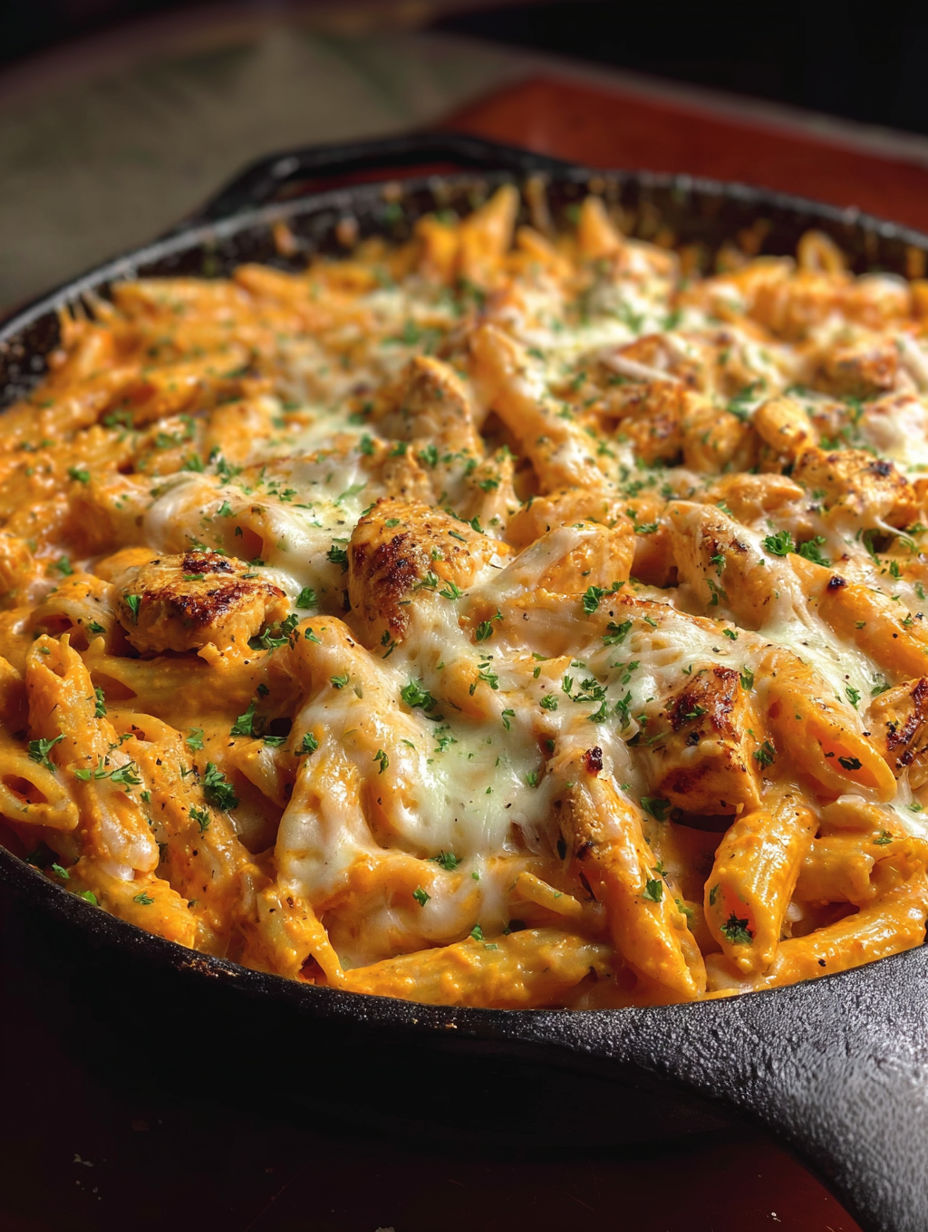 A skillet of cheesy pasta with chicken.