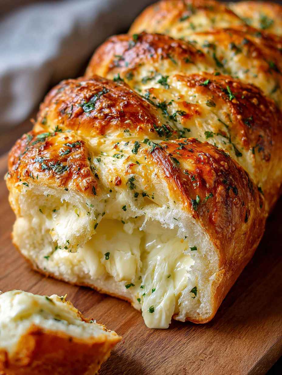 A slice of swirled garlic herb cheese bread.