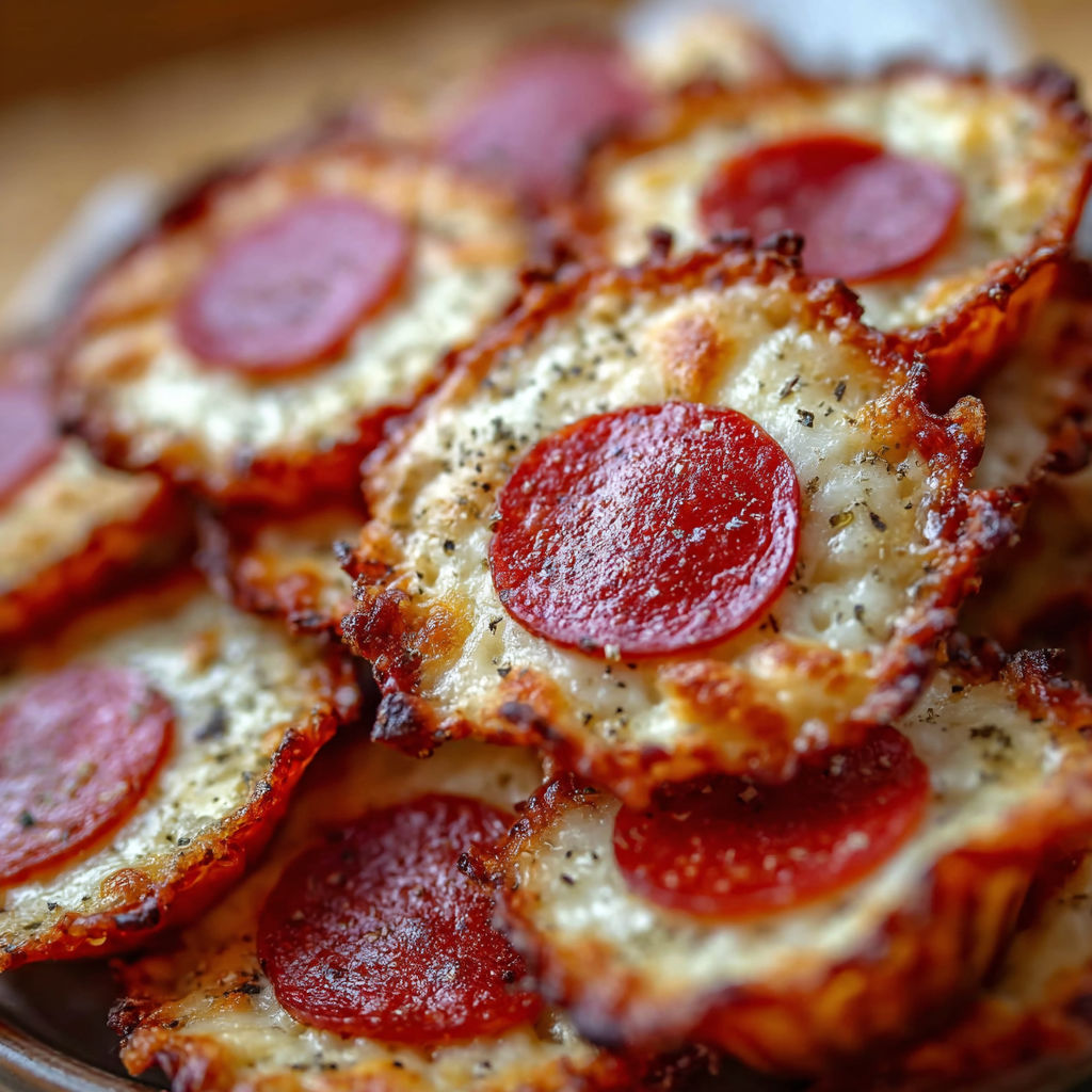A plate of mini pepperoni cheese chips.