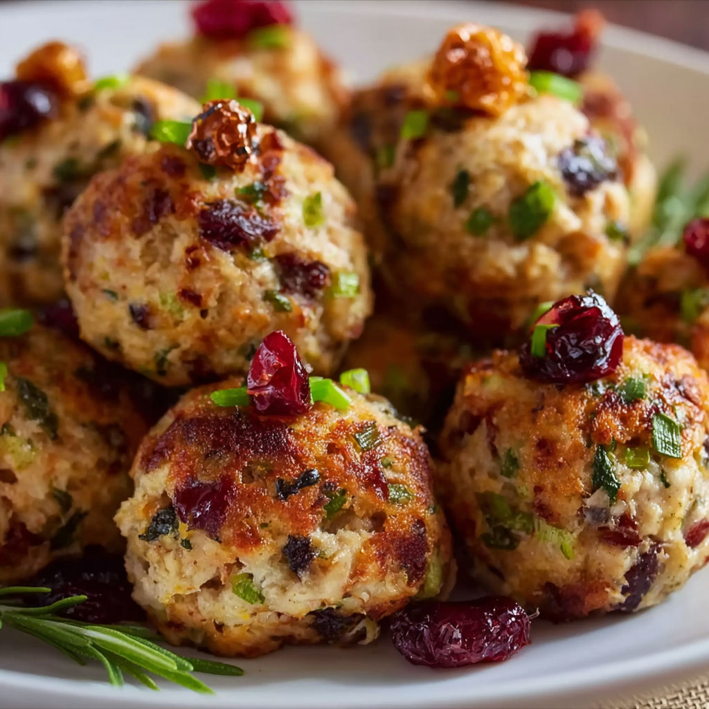 A plate of meatballs with stuffing and cranberries.