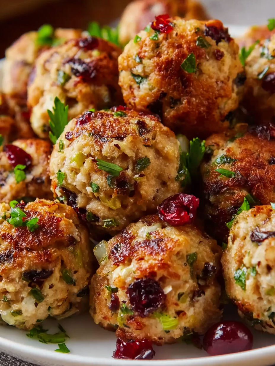 Turkey and stuffing meatballs on a plate.