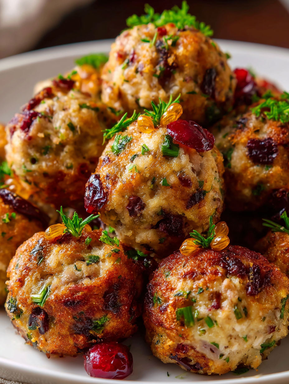 A plate of meatballs with stuffing on top.