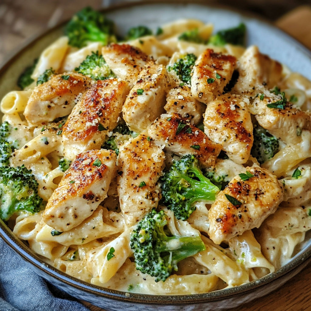 A plate of Cajun Chicken Broccoli Alfredo.