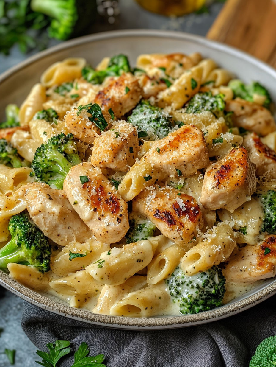 A bowl of Cajun Chicken Broccoli Alfredo.