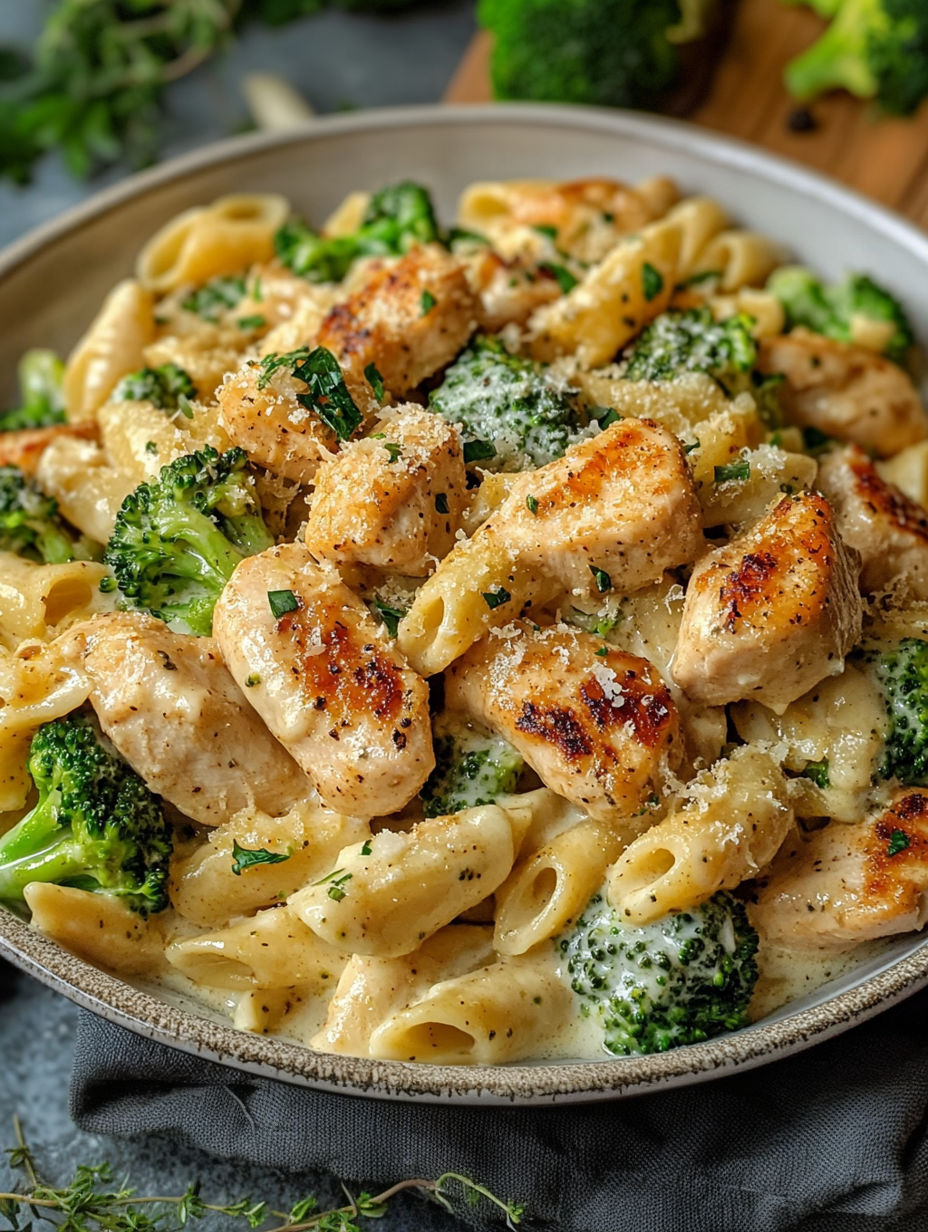 A plate of Cajun Chicken Broccoli Alfredo.