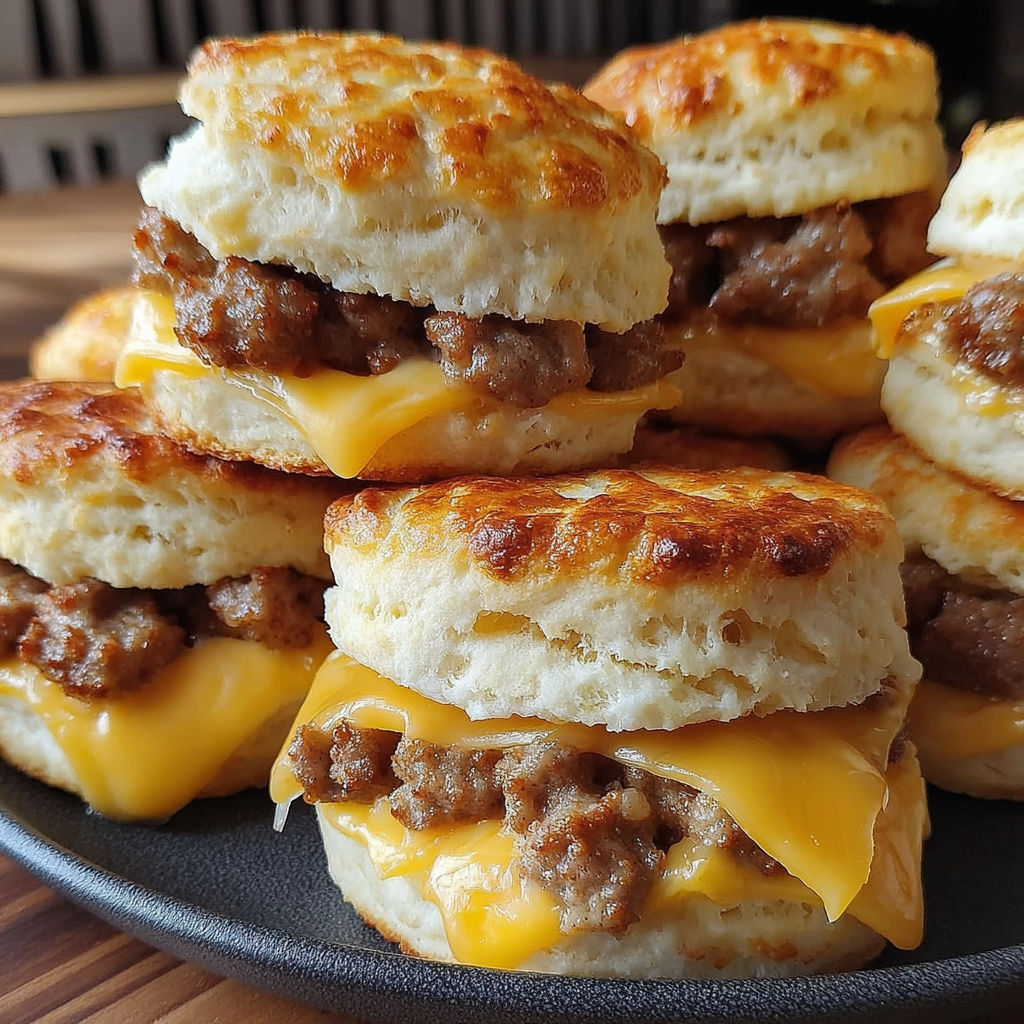 A plate of biscuits with sausage on top.