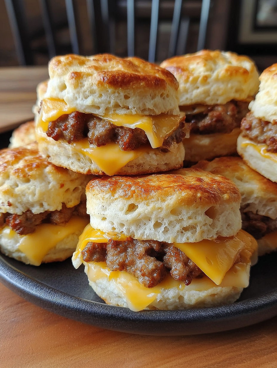 A plate of biscuits with sausage on top.
