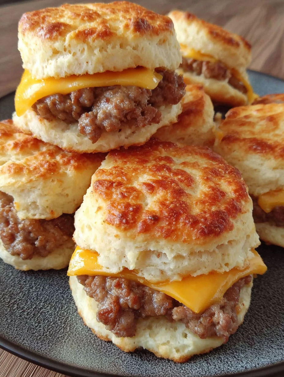 A plate of biscuits with sausage on top.