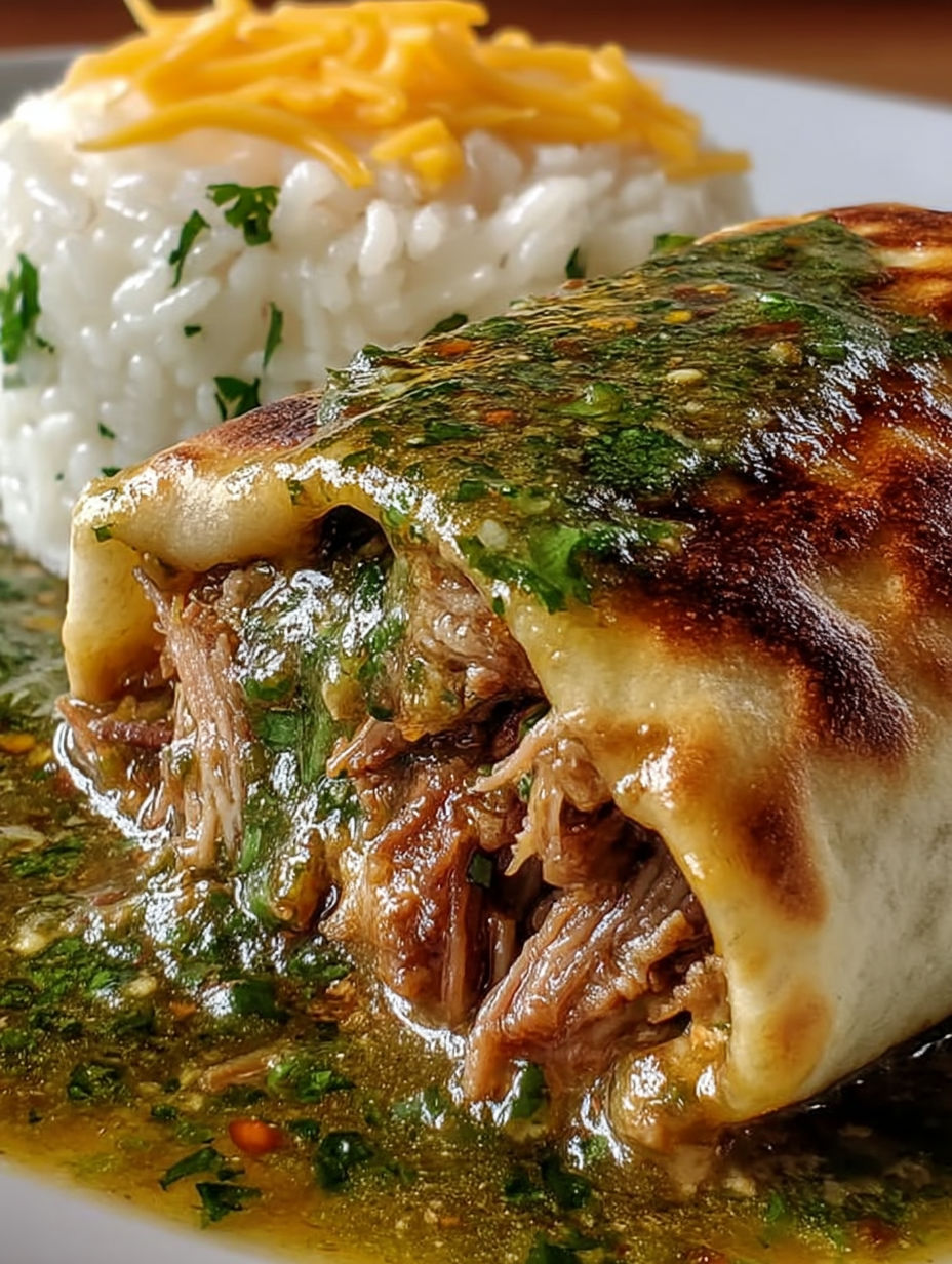 A Chili Verde Hatch Burrito with meat and green sauce.