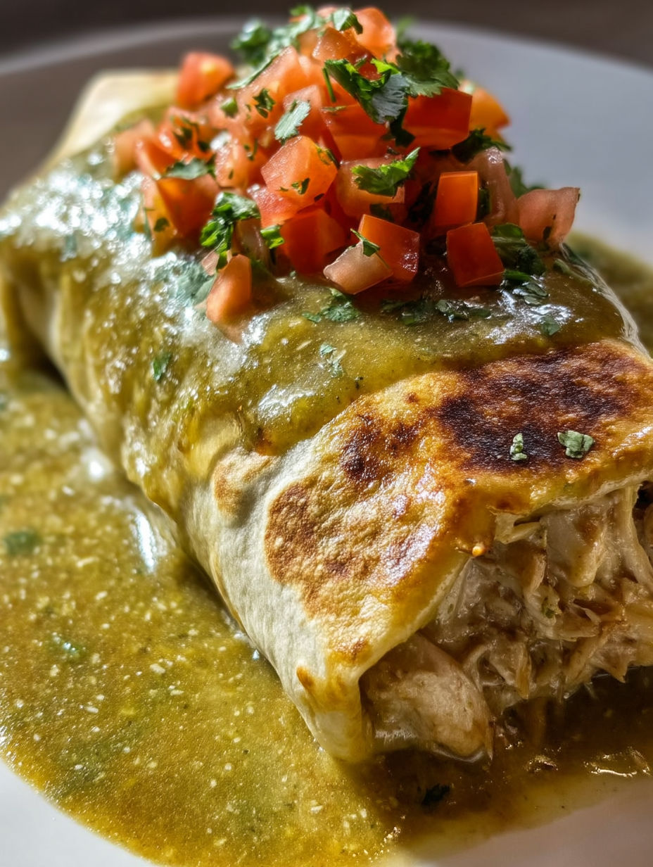 A chili verde hatch burrito with tomatoes and lettuce on top.