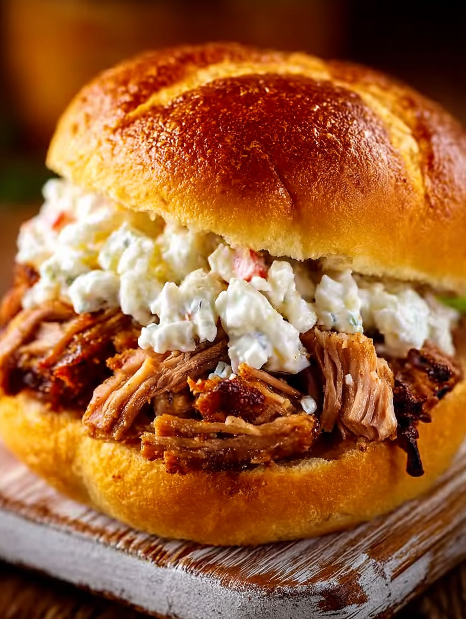 A sandwich with coleslaw and barbecue sauce.