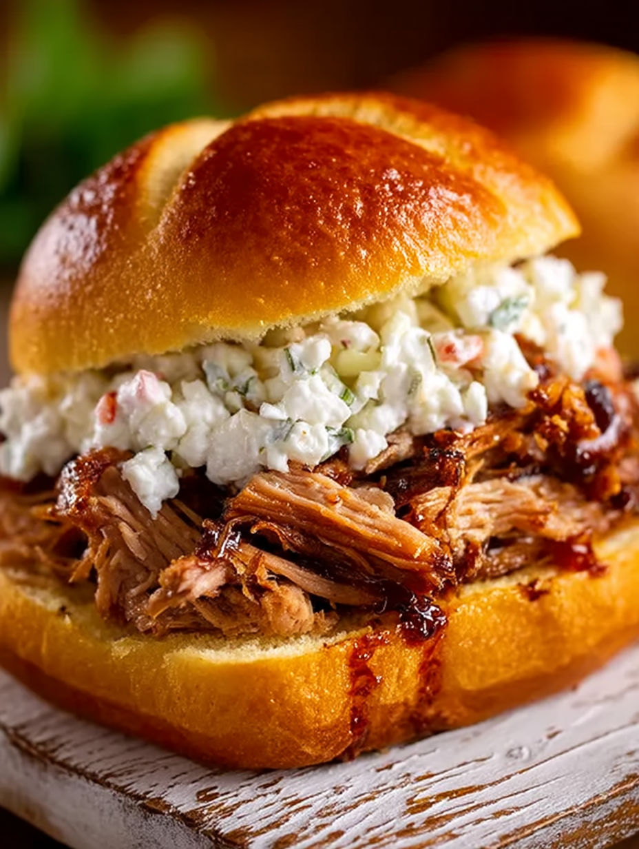 A sandwich with pulled pork and coleslaw.