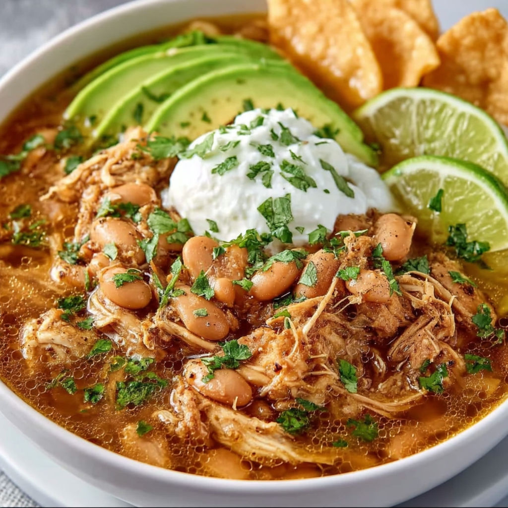 A bowl of chili with white cheese and lime wedges.