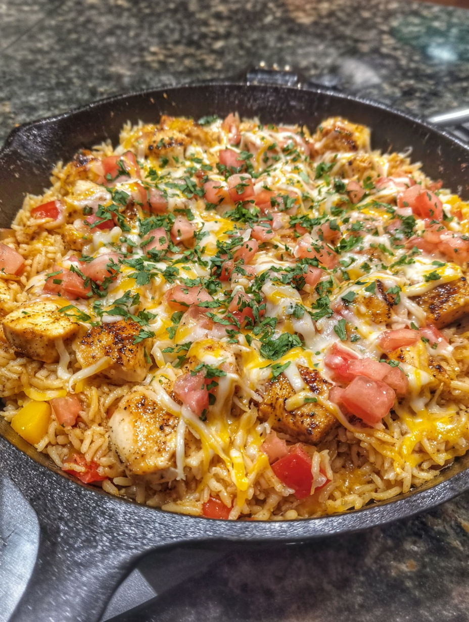 A pan of rice, chicken, tomatoes, and cheese.