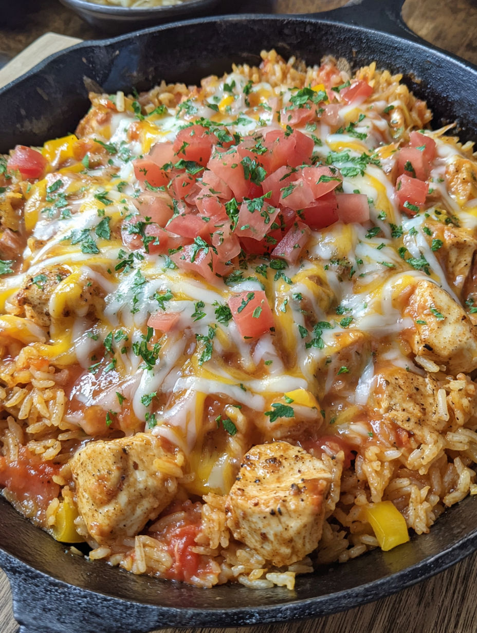 A delicious meal of chicken, rice, and tomatoes.