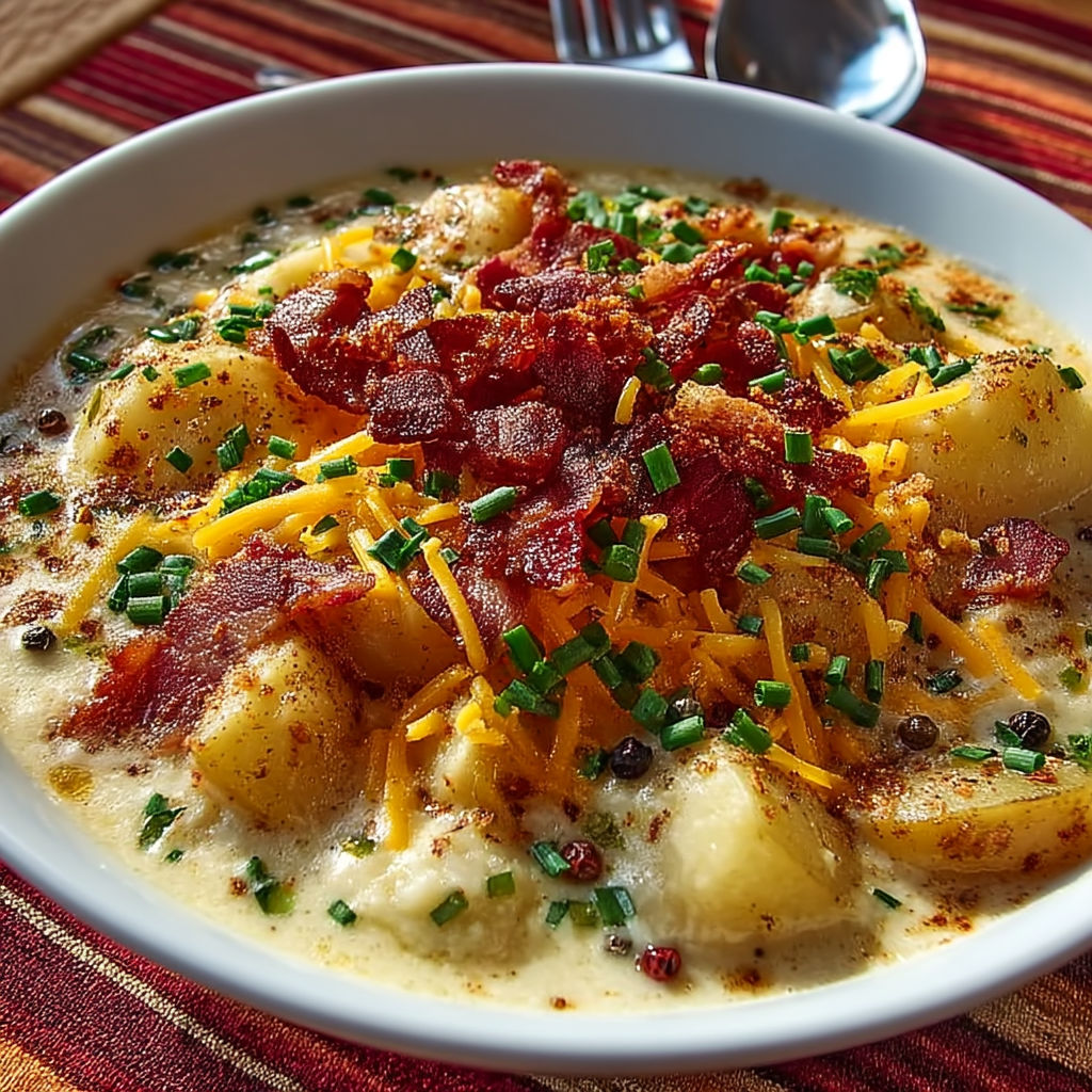 A bowl of soup with bacon and cheese.