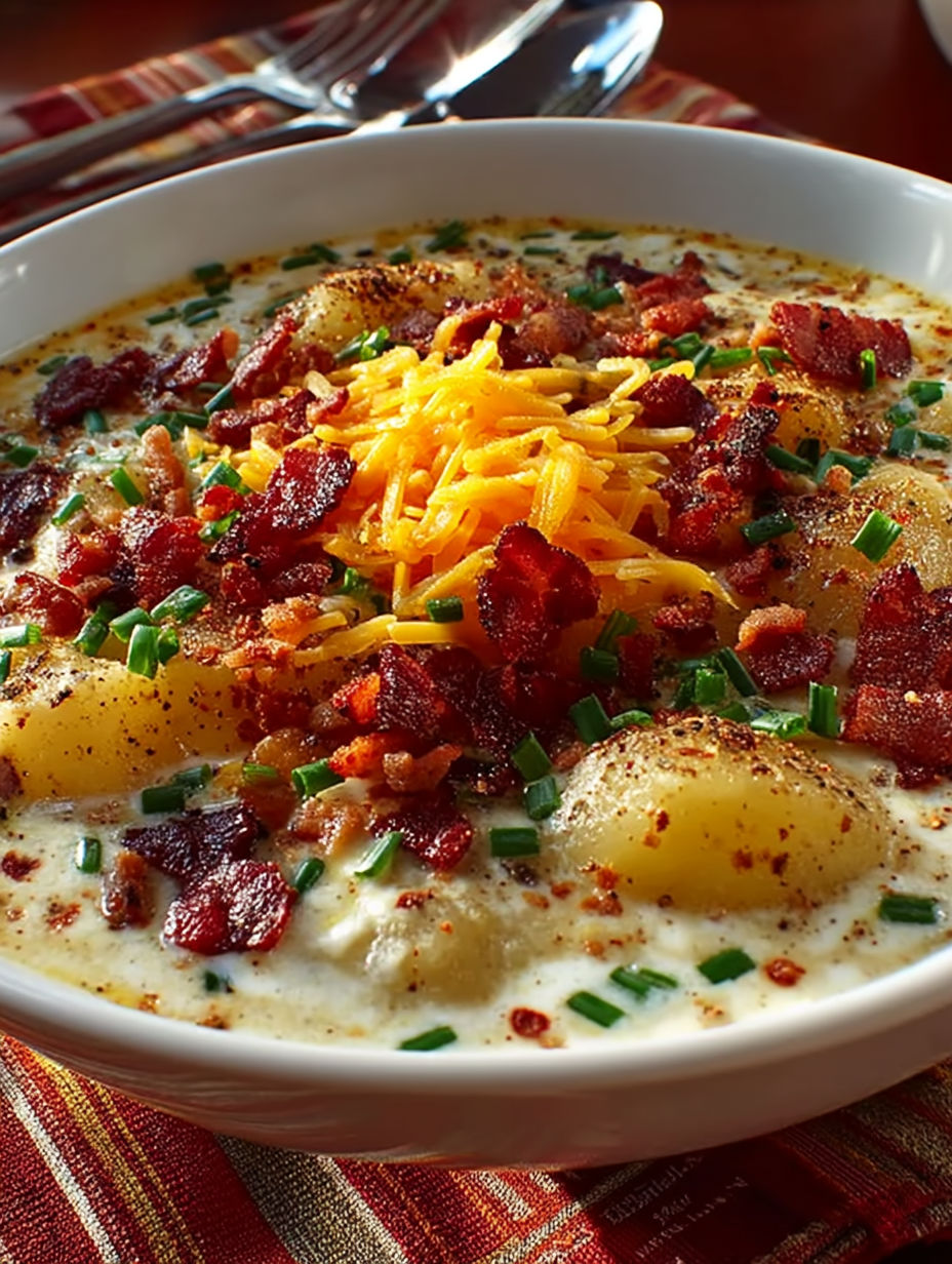 A bowl of soup with bacon and cheese.