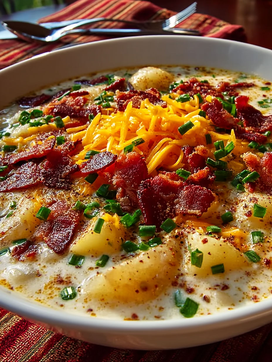A bowl of creamy cheese soup with bacon bits.