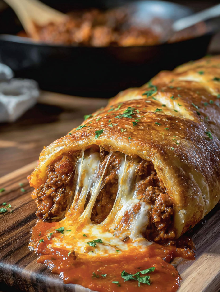 A cheesy sloppy joe stromboli on a wooden table.