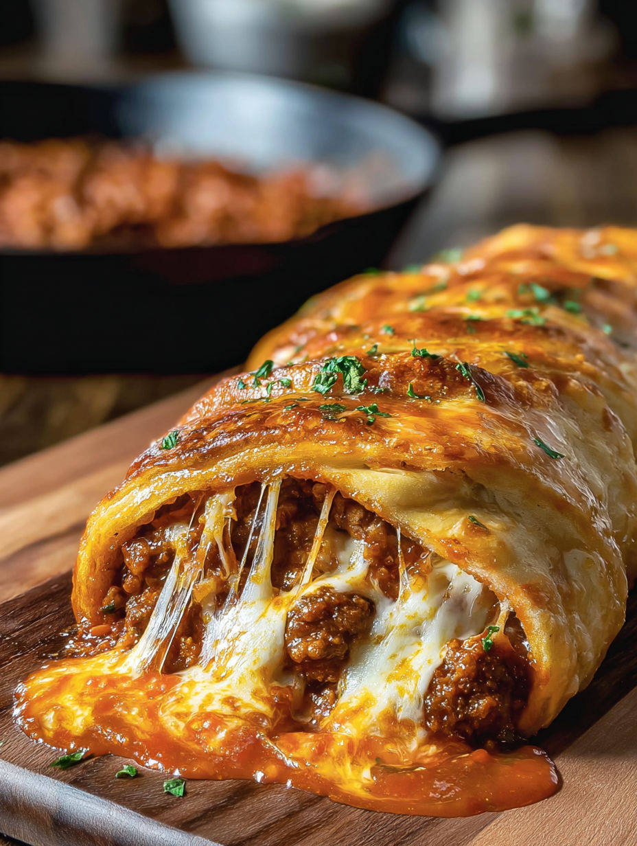A cheesy sloppy joe stromboli on a wooden table.