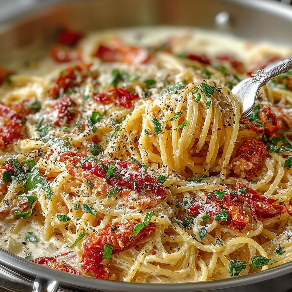 A bowl of pasta with tomatoes and basil.