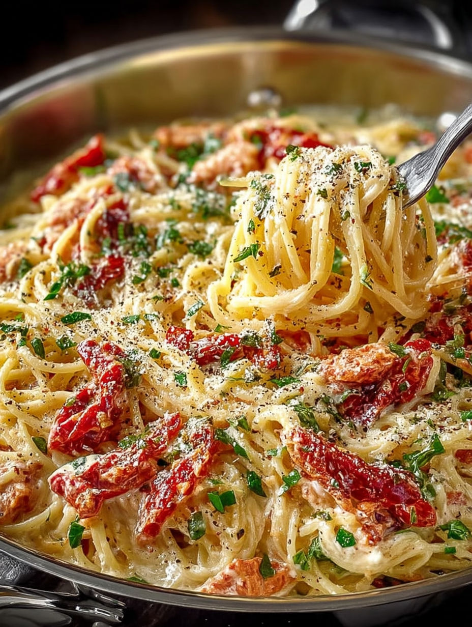 A close up of a dish of pasta with red peppers and herbs.