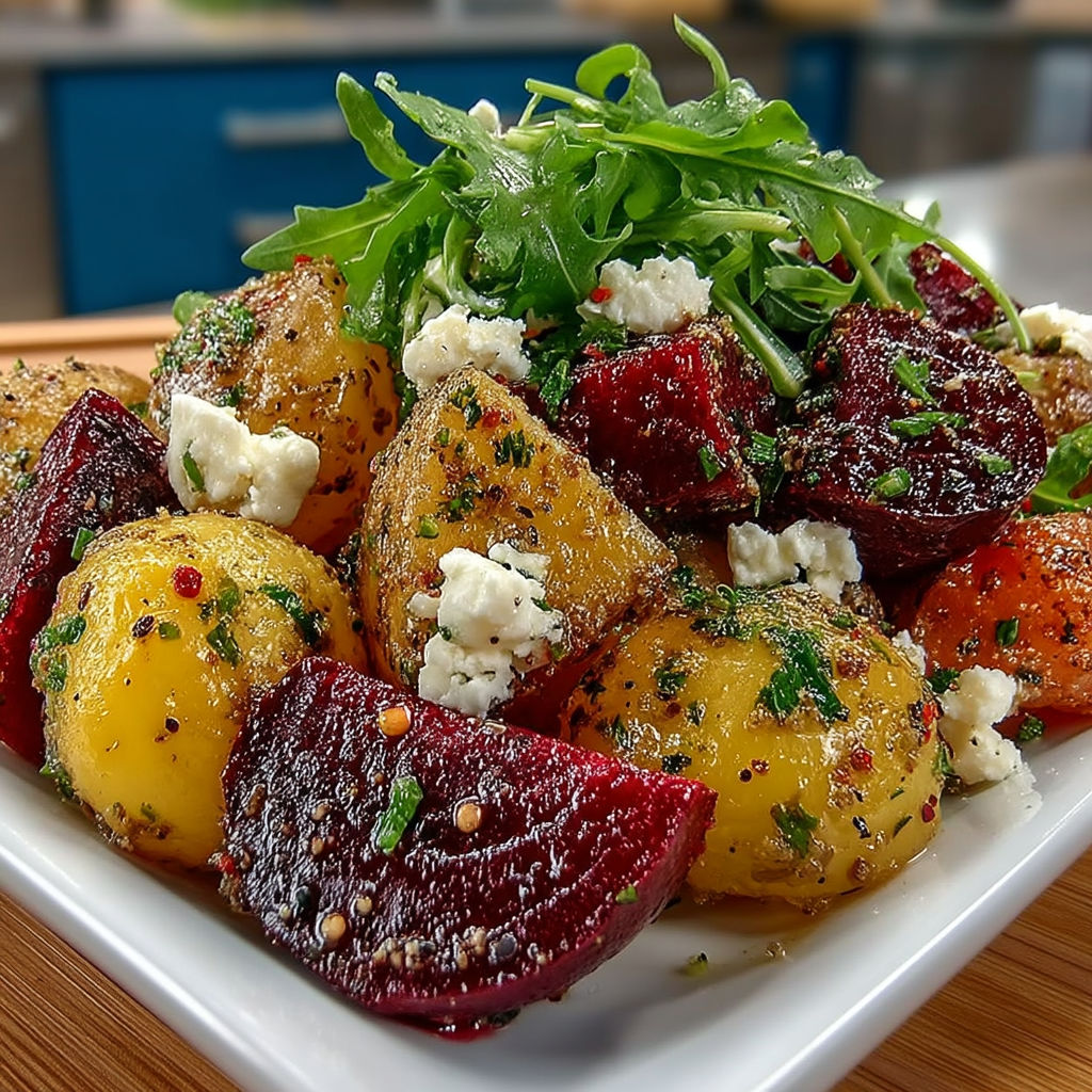 A plate of food with a salad of potatoes and beets.