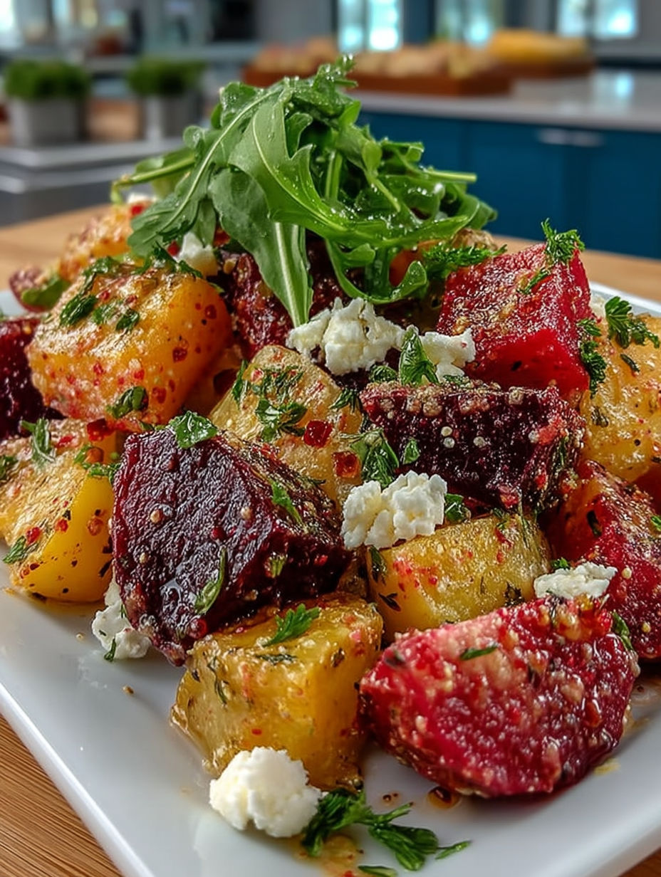 A plate of creamy potato beet salad.
