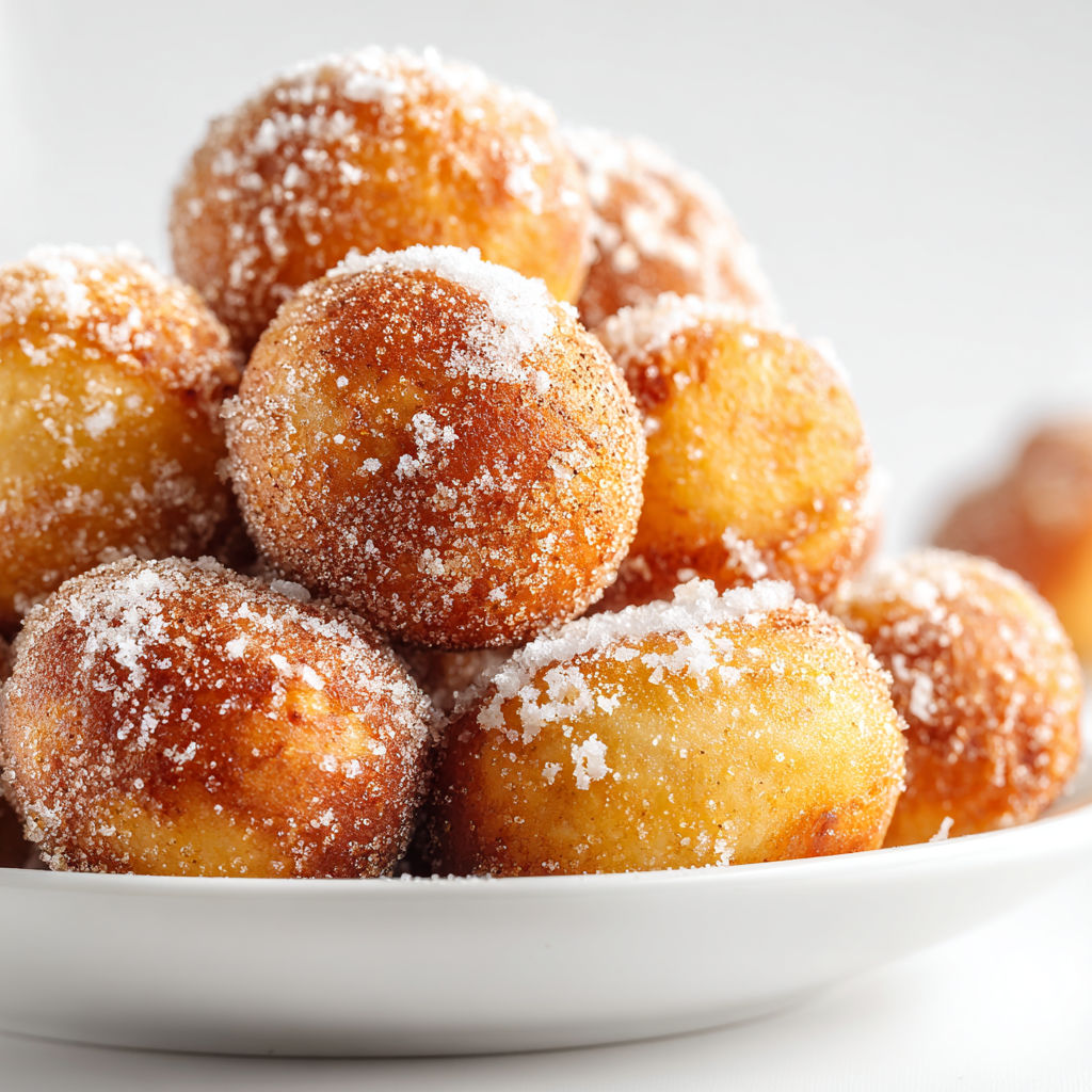 A plate of donuts with powdered sugar on top.