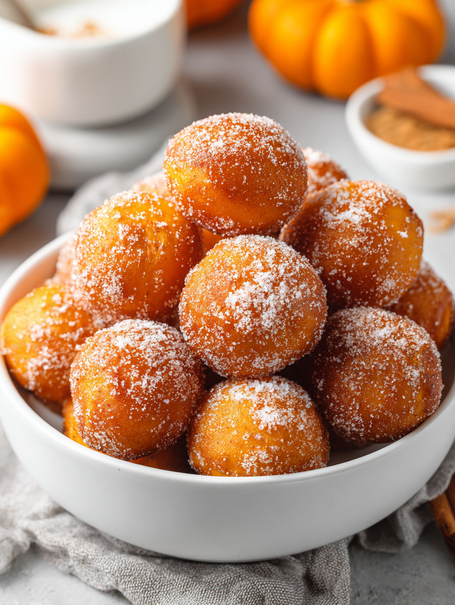 A bowl of donuts with powdered sugar.