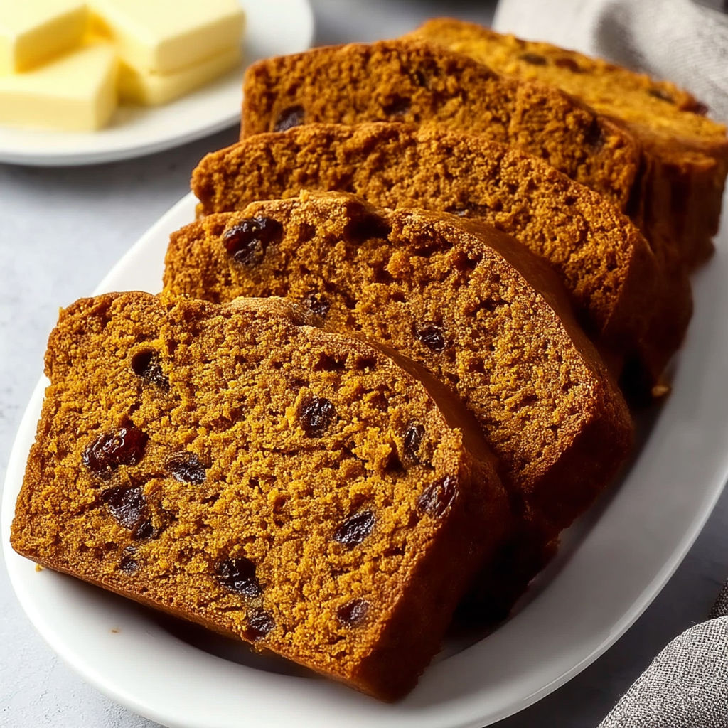 A plate of moist spiced sweet potato bread.