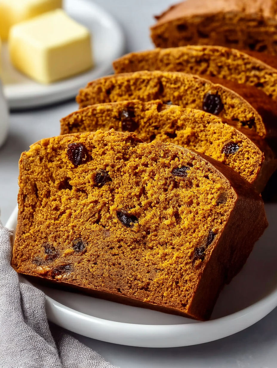 A white plate with a slice of moist spiced sweet potato bread.