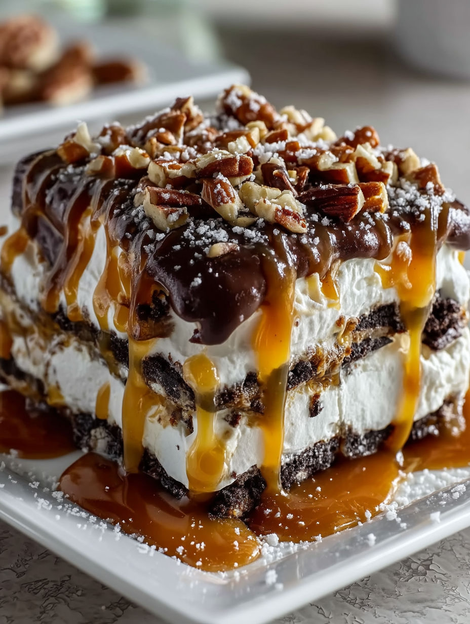 A close up of a turtle lasagna dessert.