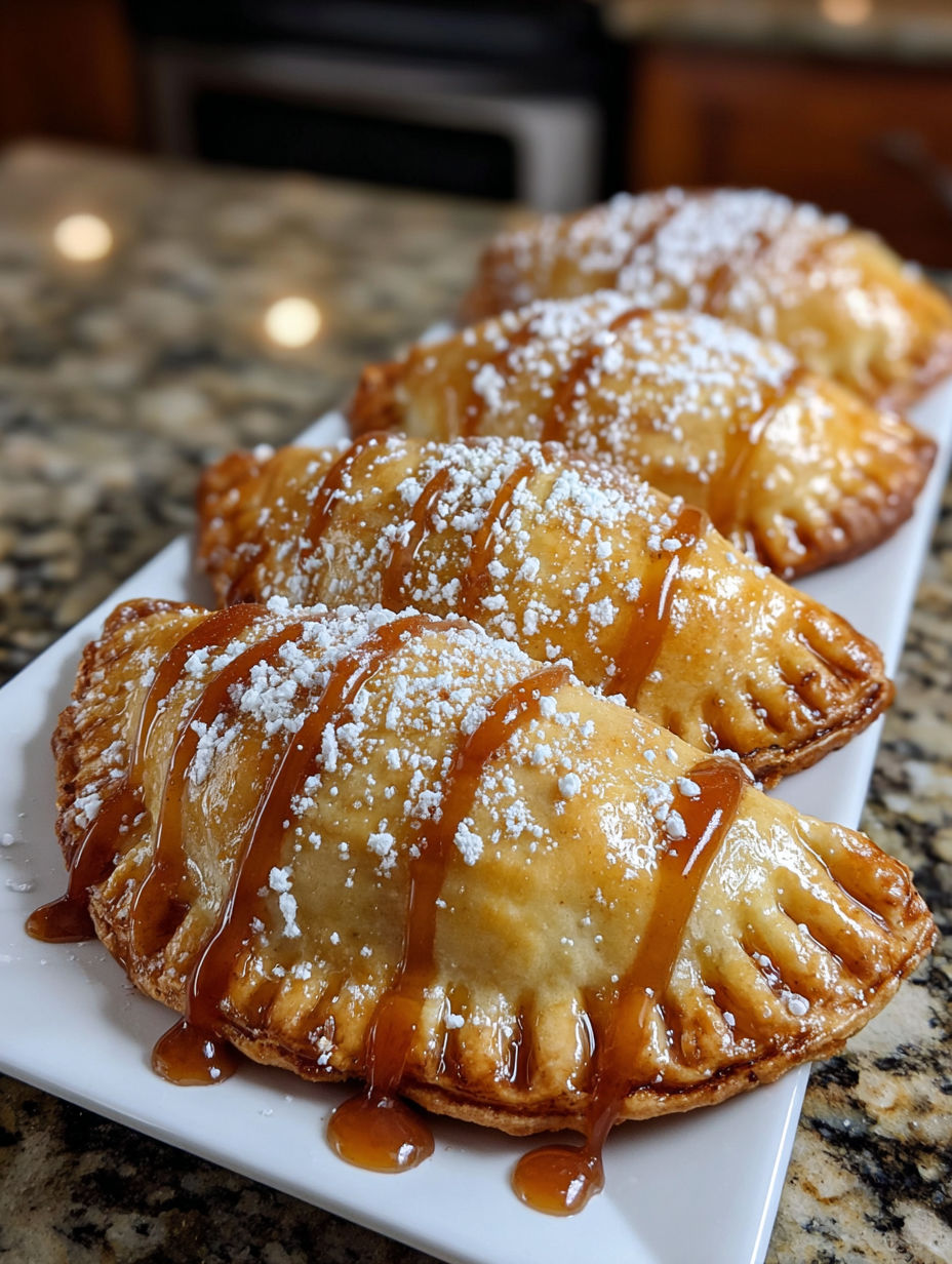 Three golden air fryer apple pies with powdered sugar on a plate.