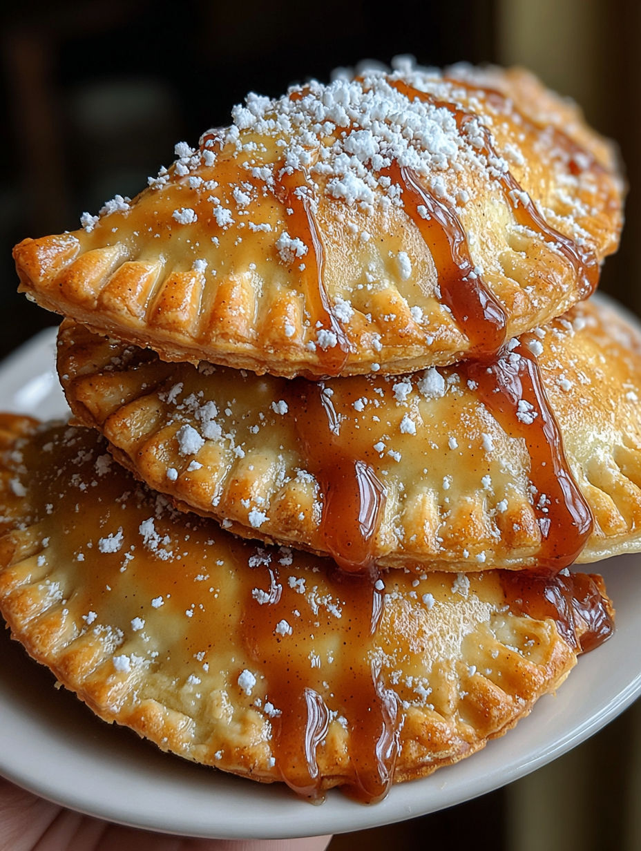 Golden air fryer apple pies with caramel sauce drizzled on top.