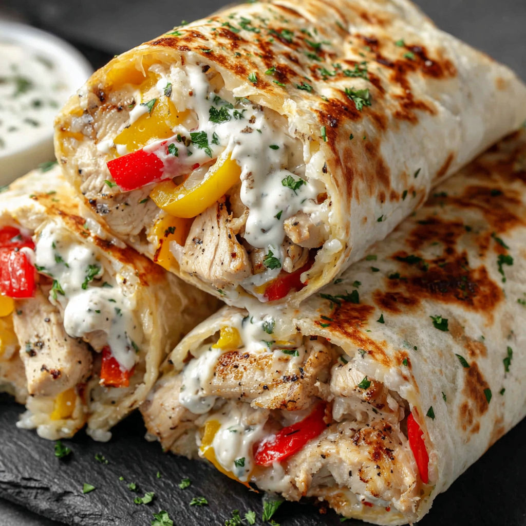 A chicken wrap with peppers and ranch dressing.