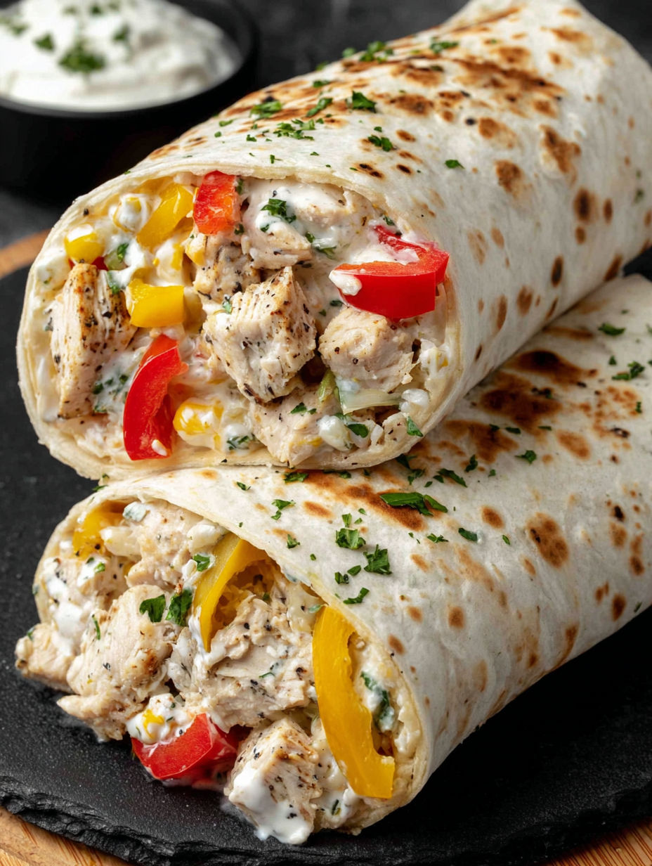 A chicken and bell pepper wrap with ranch dressing.